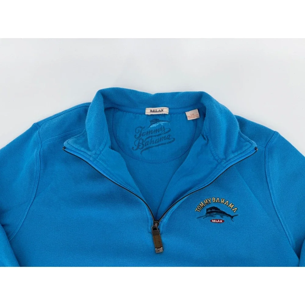Tommy Bahama Relax Mens Large Blue 100% Cotton Quarter Zip Marlin Logo Pullover